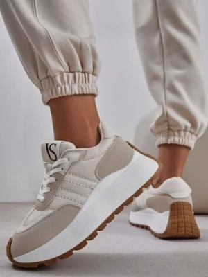 Beżowe Sznurowane Sneakersy Vices na Platformie z Ozdobnymi Paskami Seliniel