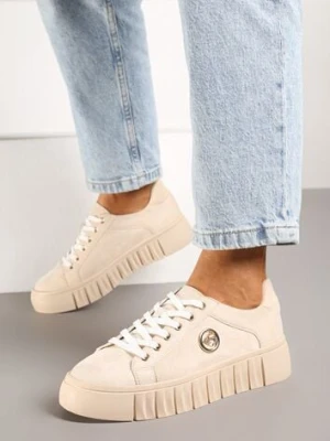 Zdjęcie produktu Beżowe Sznurowane Sneakersy Vices na Platformie z Tłoczeniem i Metaliczną Aplikacją Lavfedi