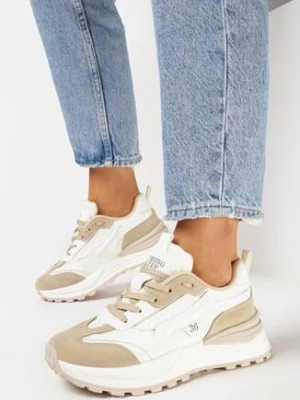 Beżowe Sznurowane Sneakersy z Ozdobnymi Wstawkami i Numerkiem Nelocca