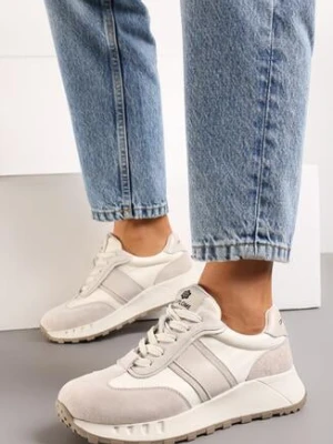 Beżowe Sznurowane Sneakersy ze Skóry Naturalnej Hihanna