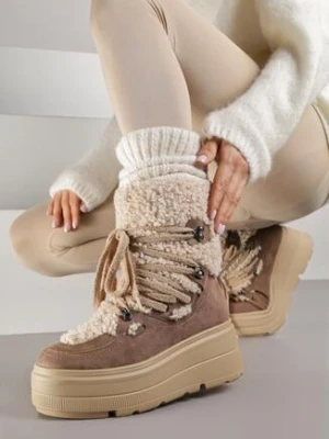 Beżowe Sznurowane Śniegowce na Platformie Zdobione Futerkiem Zeriba super mode