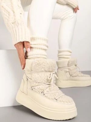 Beżowe Sznurowane Śniegowce Vices na Grubej Podeszwie Ozdobione Futerkiem Nomizola