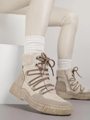 Beżowe Sznurowane Śniegowce z Futerkiem Typu Baranek Mevesalia super mode