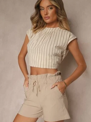 Beżowe Szorty z Bawełną High Waist z Ozdobnym Sznurkiem Axemia j&x