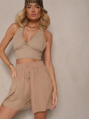 Beżowe Szorty z Bawełny High Waist Ozdobione Wiązaniem Selmio defox
