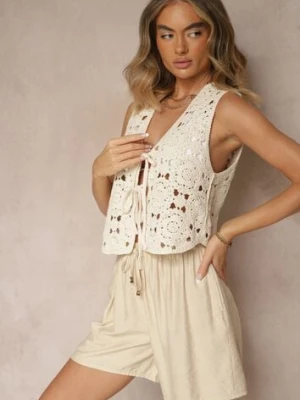 Beżowe Szorty z Bawełny High Waist z Wiązaniem Filorella h&s