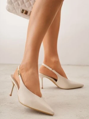 Beżowe Szpilki Slingback VICES z Cholewką z Wycięciem V Natonale