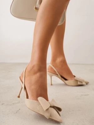 Beżowe Szpilki z Imitacji Zamszu z Paskiem na Piętę i Ozdobną Kokardą Themigeia c&l fashion