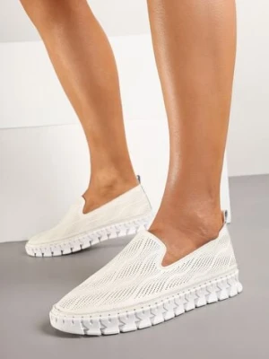 Beżowe Tenisówki ze Skóry Naturalnej Zdobione Perforacją Gonessea