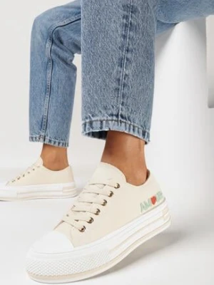 Beżowe Trampki na Grubej Podeszwie Sznurowane z Modną Aplikacją Aienel