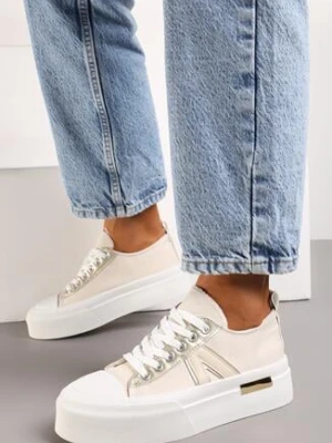 Beżowe Trampki przed Kostkę na Platformie z Przeszyciami Opallsa