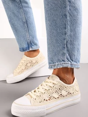 Beżowe Trampki Przed Kostkę z Ażurową Cholewką Shiliarre