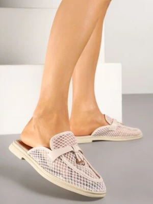 Beżowe Transparentne Klapki Mule z Siateczki Zdobione Zawieszką Telianne bestelle