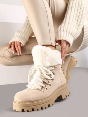 Beżowe Traperki z Futerkiem na Grubej Podeszwie Tairene