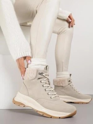 Beżowe Trapery na Grubej Podeszwie Ozdobione Futerkiem Furitte super mode