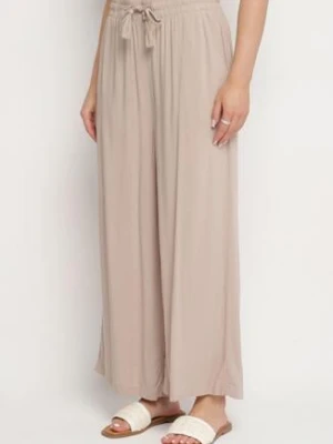Beżowe Wiskozowe Spodnie o Szerokim Kroju Ozdobione Sznurkiem Natamia sublevel