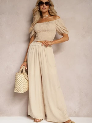 Beżowe Wiskozowe Spodnie Szerokie High Waist Rissalene Bludeise