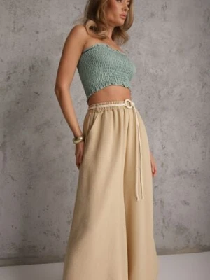 Beżowe Wiskozowe Spodnie Typu Palazzo High Waist Ozdobione Paskiem Sznurkiem Alemea j&x