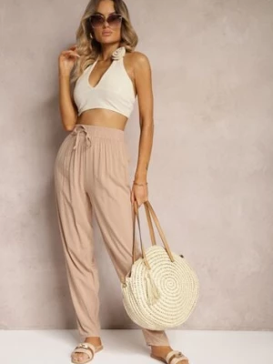 Beżowe Wiskozowe Spodnie z Gumką w Talii i Zwężanymi Nogawkami Sumipaku j&x