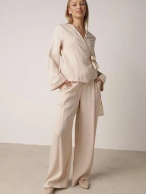 Beżowe Wiskozowe Spodnie z Szeroką Nogawką i Wiązaniem w Talii Terisanna