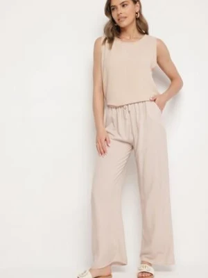 Beżowe Wiskozowe Szerokie Spodnie z Wiązaniem Tolivea rosita