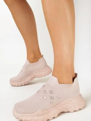 Beżowe Wsuwane Buty Sportowe z Cyrkoniami na Grubej Podeszwie Adisyna