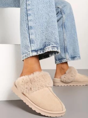 Beżowe Wsuwane Kapcie z Imitacji Zamszu z Futrem Boreti