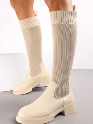 Beżowe Wsuwane Kozaki ze Skarpetkową Cholewką Przed Kolano na Grubej Podeszwie Miraple