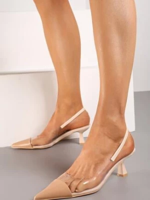 Zdjęcie produktu Beżowe Wsuwane Sandały z Ekoskóry na Obcasie Stiletto z Przezroczystą Cholewką Elavia