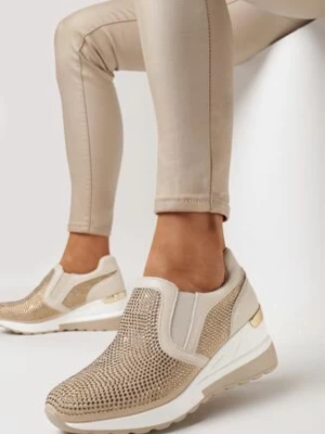 Beżowe Wsuwane Sneakersy na Koturnie Ozdobione Cyrkoniami Leavir