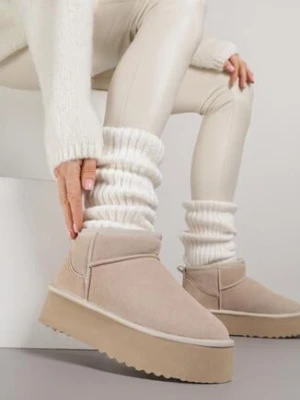 Beżowe Wsuwane Śniegowce na Platformie z Cholewką z Zamszu Naturalnego Mevelessa nm