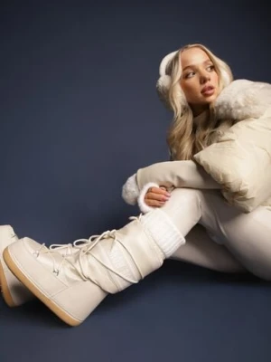 Beżowe Wsuwane Śniegowce na Platformie z Długą Cholewką Hearna