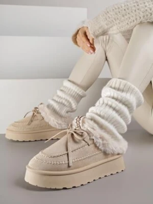 Beżowe Wsuwane Śniegowce w Rustykalnym Stylu z Kokardą i Futrem Tusora gowin