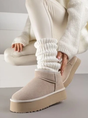 Beżowe Wsuwane Śniegowce z Zamszu Naturalnego na Grubej Podeszwie Mevilira nm