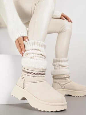 Beżowe Wsuwane Śniegowce Zdobione Hafem i Futerkiem Miosadia shoes