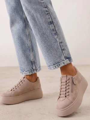 Beżowe Zamszowe Sneakersy na Grubej Podeszwie Ozdobione Suwakiem Belko Goodin