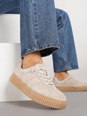 Beżowe Zamszowe Sneakersy Tenisówki z Wkładką ze Skóry Naturalnej Ozdobione Tłoczeniem Meluella goodin