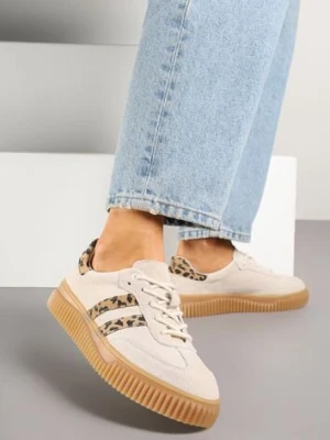 Beżowe Zamszowe Sneakersy w Stylu Kultowych Tenisówek ze Skórzaną Wkładką i Wzorem w Panterkę Tenannia goodin