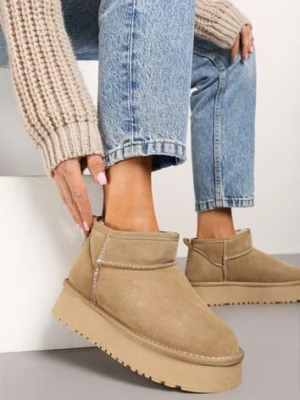 Beżowe Zamszowe Śniegowce na Grubej Podeszwie Mazinae