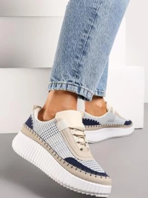 Beżoweo-Niebieskie Sneakersy na Platformie z Tweedowymi Wstawkami i Przeszyciami Leganna
