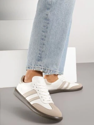 Beżowo-Białe Casualowe Sneakersy na Płaskiej Podeszwie z Paskami Jereria gowin