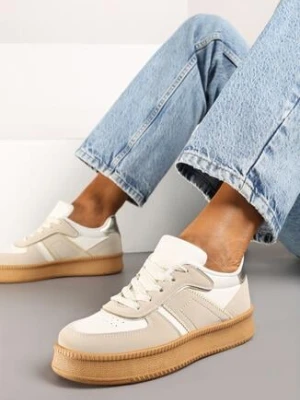 Beżowo-Białe Płaskie Sneakersy z Perforacją i Ozdobnymi Przeszyciami Neaviria