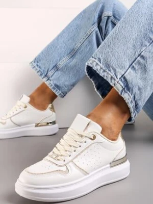 Beżowo-Białe Sneakersy na Niskiej Platformie z Brokatowymi i Metalicznymi Wstawkami Limexa