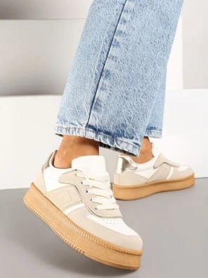 Beżowo-Białe Sneakersy na Płaskiej Podeszwie Ozdobione Przeszyciami i Perforacją Nealiora