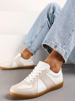 Beżowo-Białe Sneakersy Tenisówki z Ozdobnymi Przeszyciami Sumina