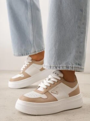 Beżowo-Białe Sneakersy Vices na Grubej Podeszwie z Geometryczną Ozdobą i Perforacją Karvesa