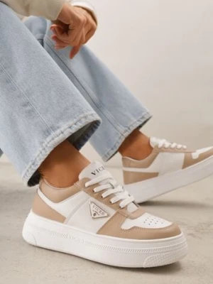 Beżowo-Białe Sneakersy Vices na Platformie z Perforacją i Geometryczną Aplikacją Vilvesia