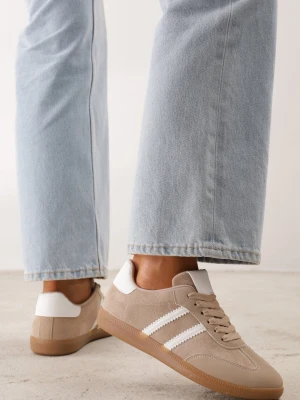 Beżowo-Białe Sneakersy z Imitacji Zamszu na Płaskiej Podeszwie Memeriana