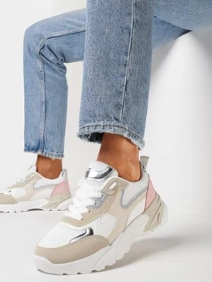 Beżowo-Białe Sneakersy z Modnymi Naszywkami z Brokatowym i Metalicznym Akcentem Gleriona