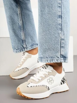 Beżowo-Białe Sneakersy z Zeberkowym Zdobieniami i Delikatnym Haftem Alisella givana